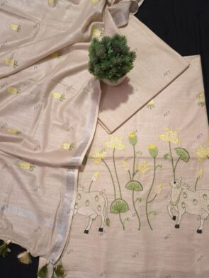 Cotton Linen Material with Nandi Cow Embroidery for Festive Wear