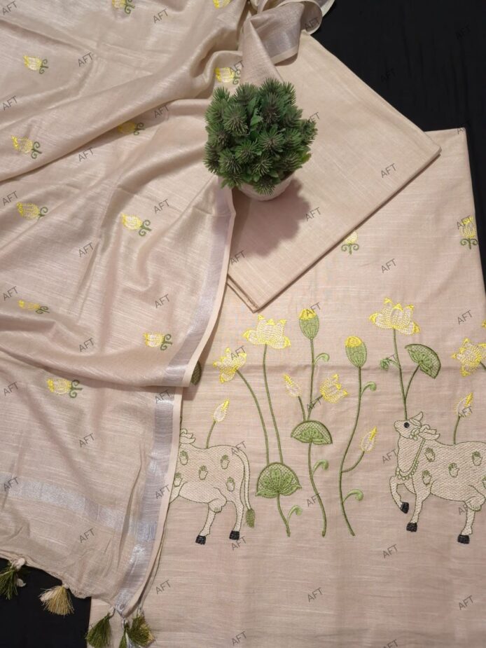 Cotton Linen Material with Nandi Cow Embroidery for Festive Wear