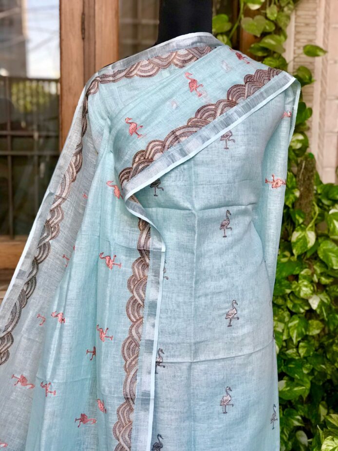 Linen Suits For Women Unstitched With Bird Embroidery Suit