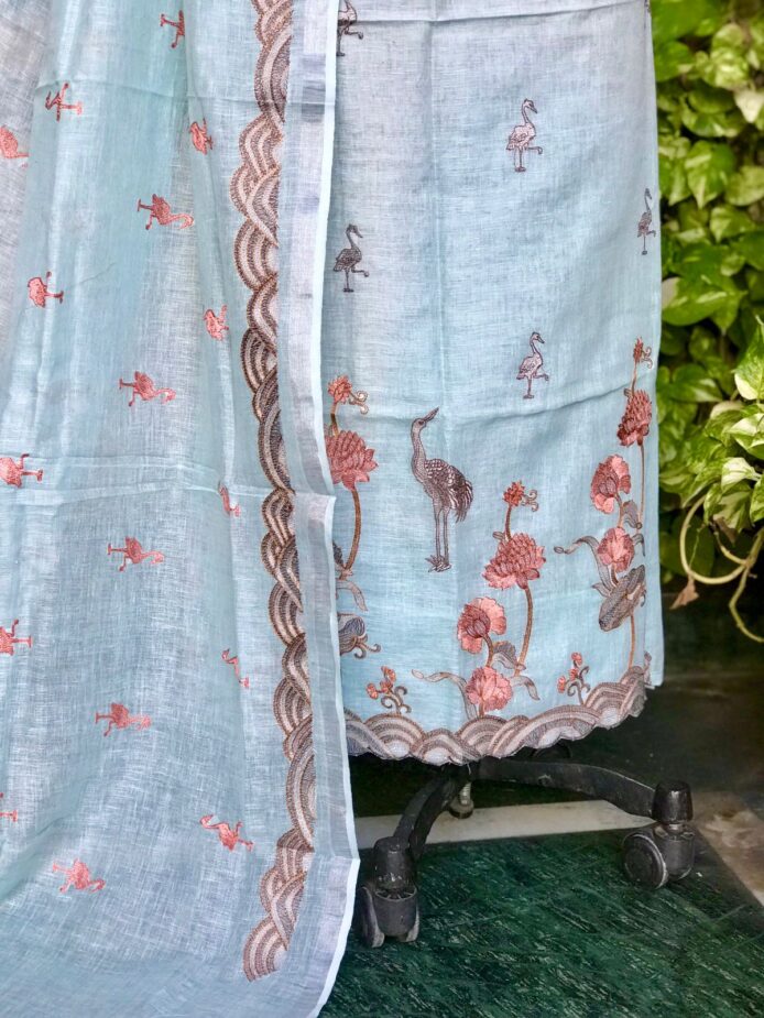 Linen Suits For Women Unstitched With Bird Embroidery Suit