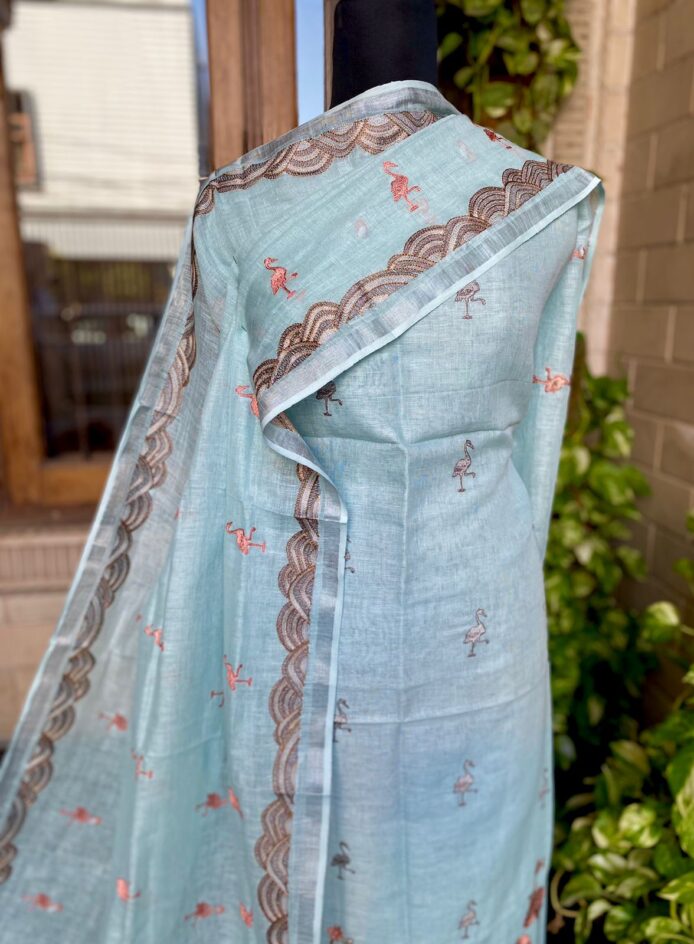Linen Suits For Women Unstitched With Bird Embroidery Suit