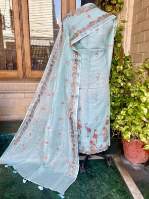 Linen Suits For Women Unstitched With Bird Embroidery Suit