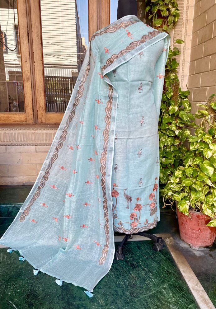 Linen Suits For Women Unstitched With Bird Embroidery Suit
