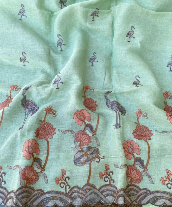 Pure Linen Dress Material Online – Swan Embroidery Festive Wear