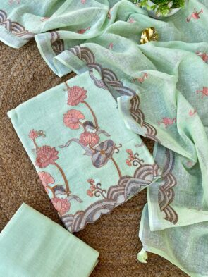 Pure Linen Dress Material Online – Swan Embroidery Festive Wear