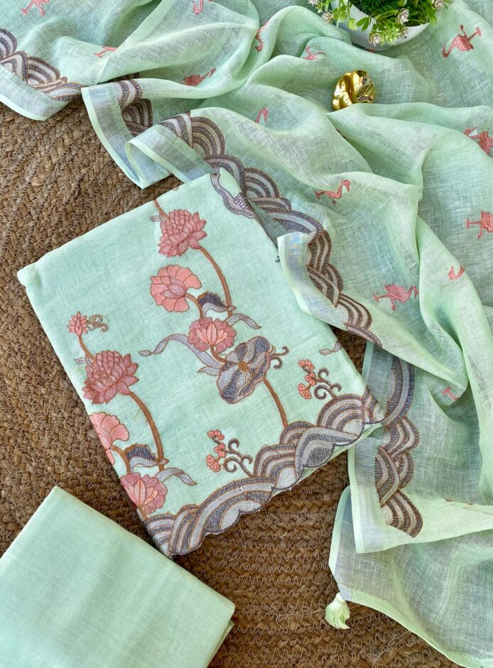 Pure Linen Dress Material Online – Swan Embroidery Festive Wear