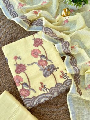 Pure Linen Embroidered Suit Set with Bird Embroidery
