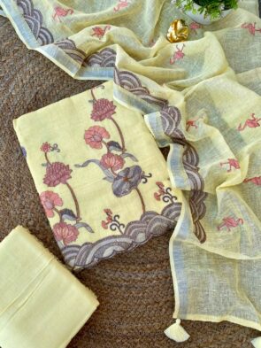 Pure Linen Embroidered Suit Set with Bird Embroidery